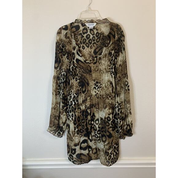 Allison Taylor, Brown Cheetah Print Sheer Dress, Short, Pleated, Size Large - Picture 1 of 6